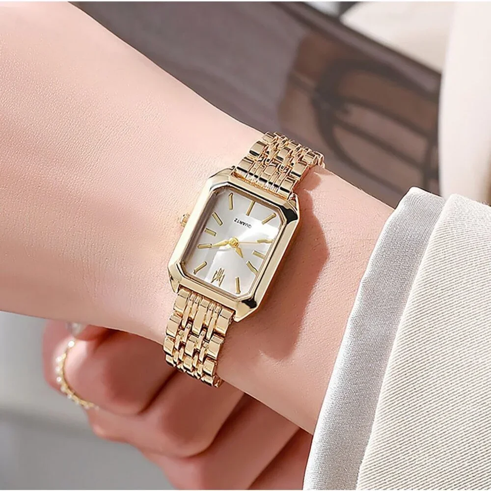 Women's Gold White Square Quartz Wrist Watches Steel Strap Casual Fashion